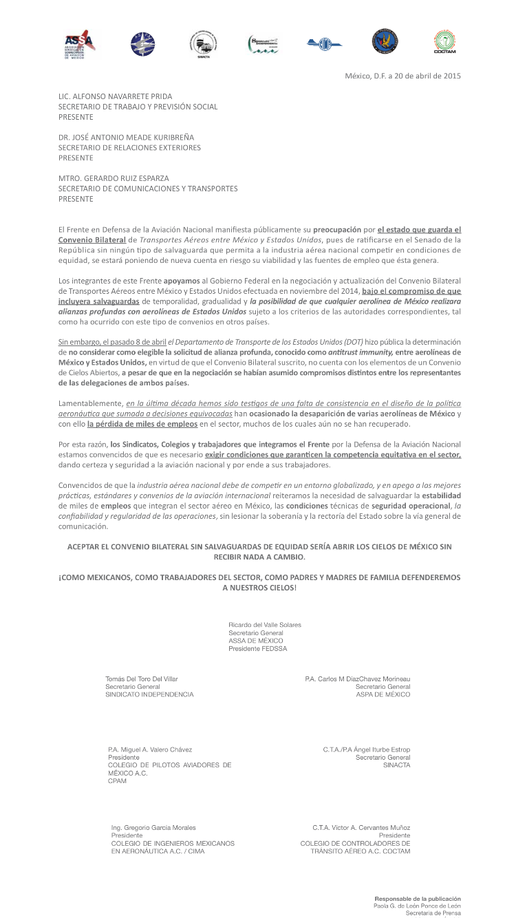 Desplegado Convenio Bilateral de Transporte Aéreo entre México y Estados Unidos a través de la FEDSSA