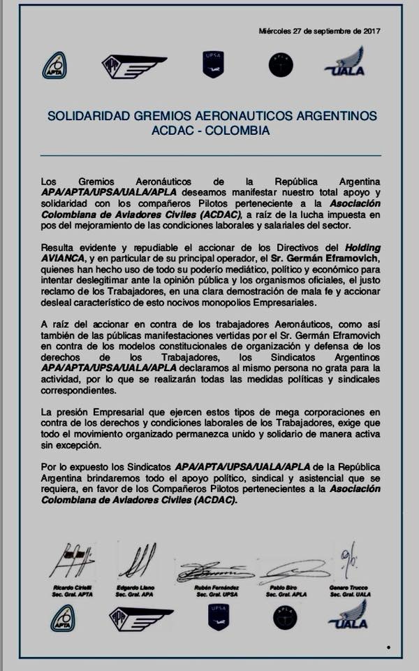 Solidaridad Gremios Aeronauticos Argentinos con ACDAC - Colombia