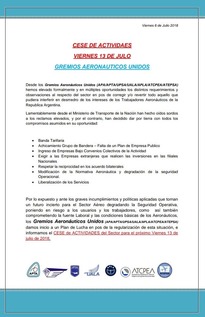 Comunicado de los Gremios Aeronáuticos Unidos (APA|APTA|UPSA|UALA|APLA|ATCPEA|ATEPSA)